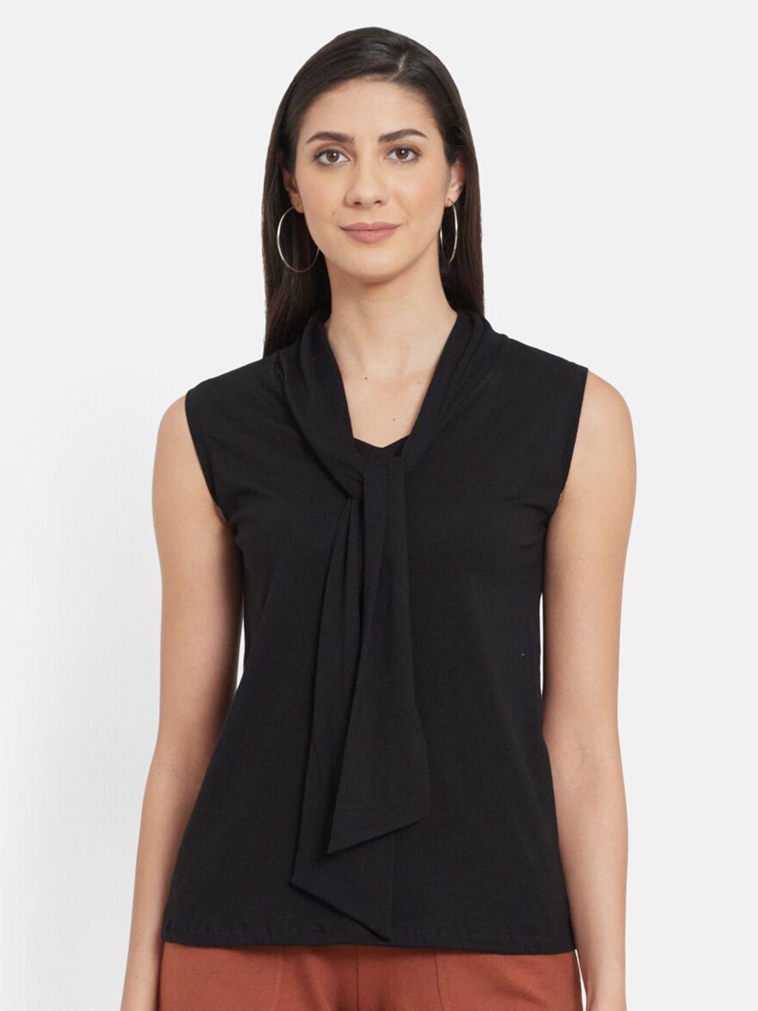 unmade black solid tie-up neck top