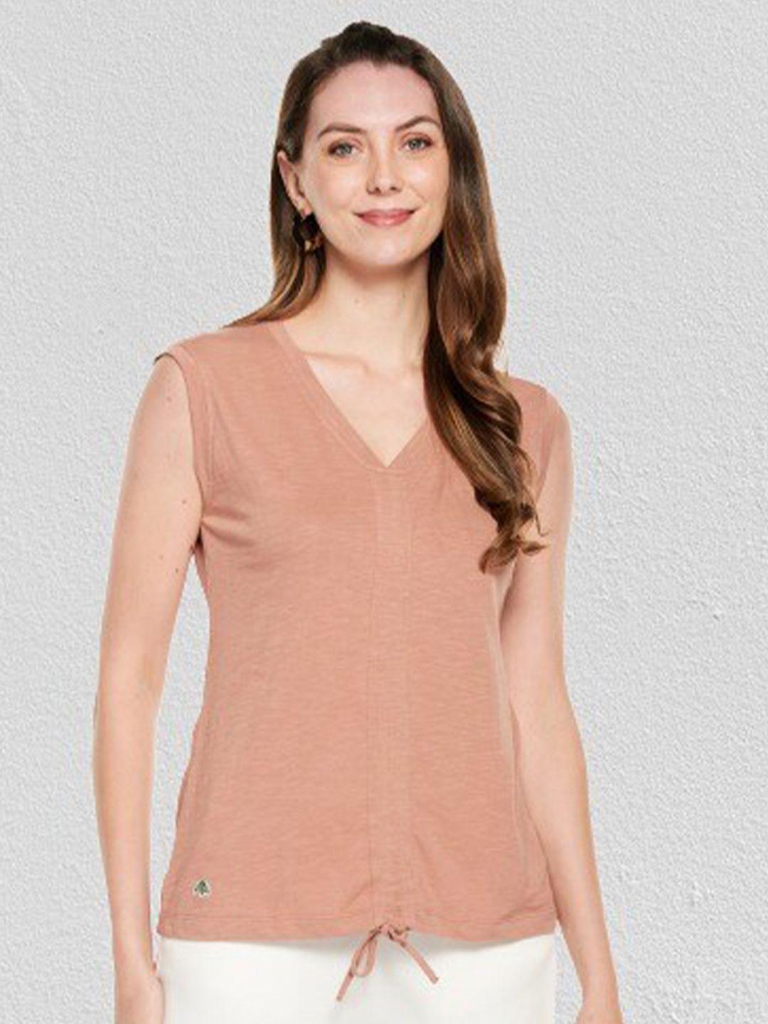 unmade women brown solid v-neck cotton regular top