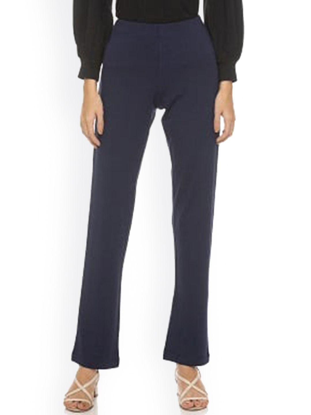 unmade women navy blue regular fit solid high-rise trousers