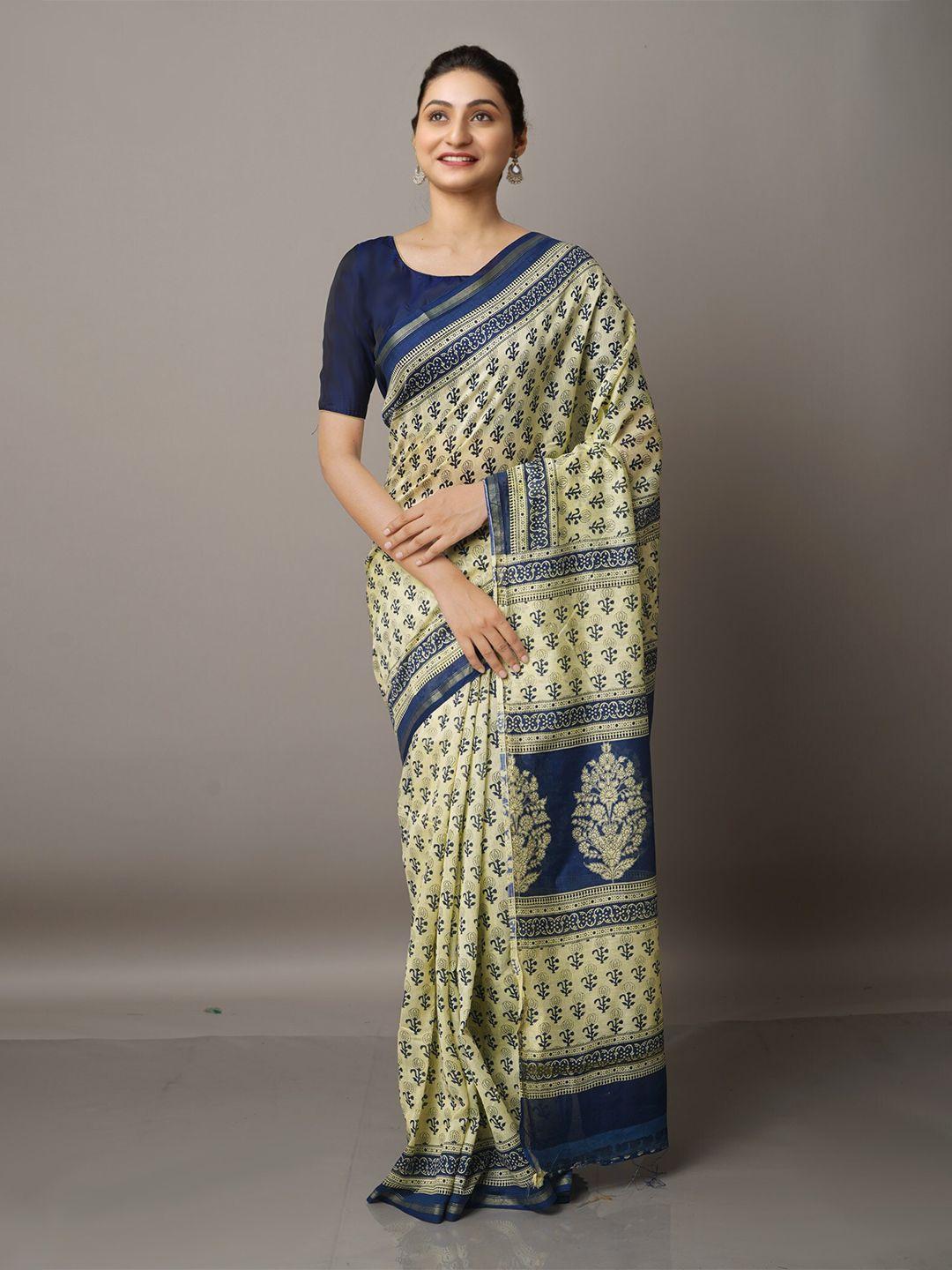 unnati silks beige & blue ajrakh printed silk cotton chanderi saree