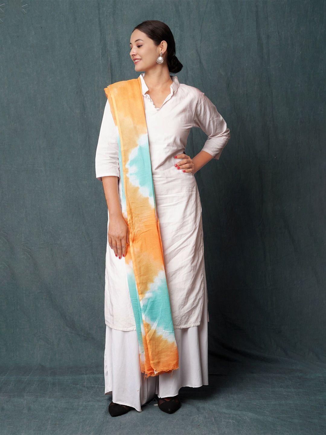 unnati silks blue & orange ombre printed pure cotton tie and dye dupatta