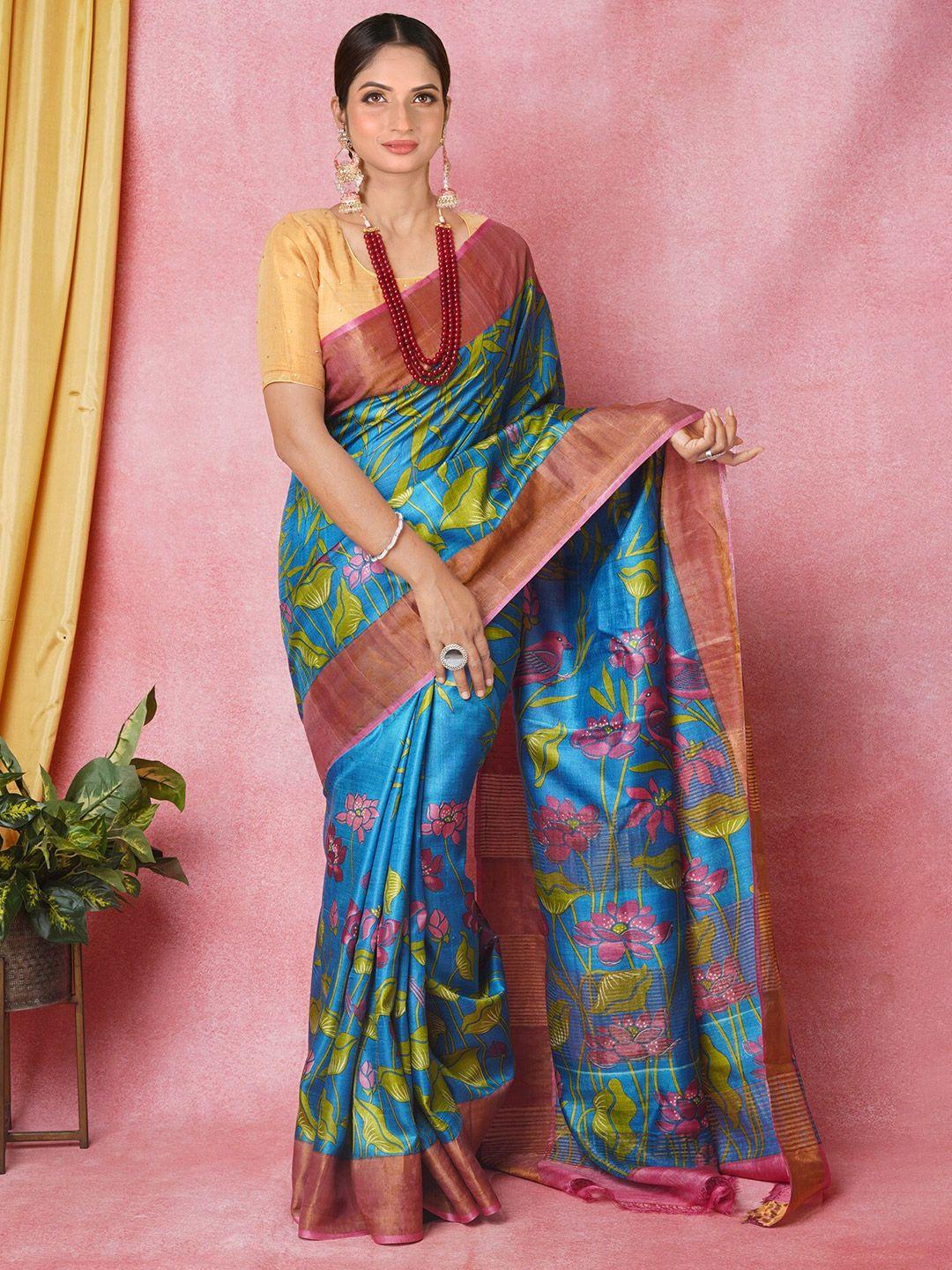 unnati silks blue & pink ethnic motifs zari pure silk handloom tussar saree