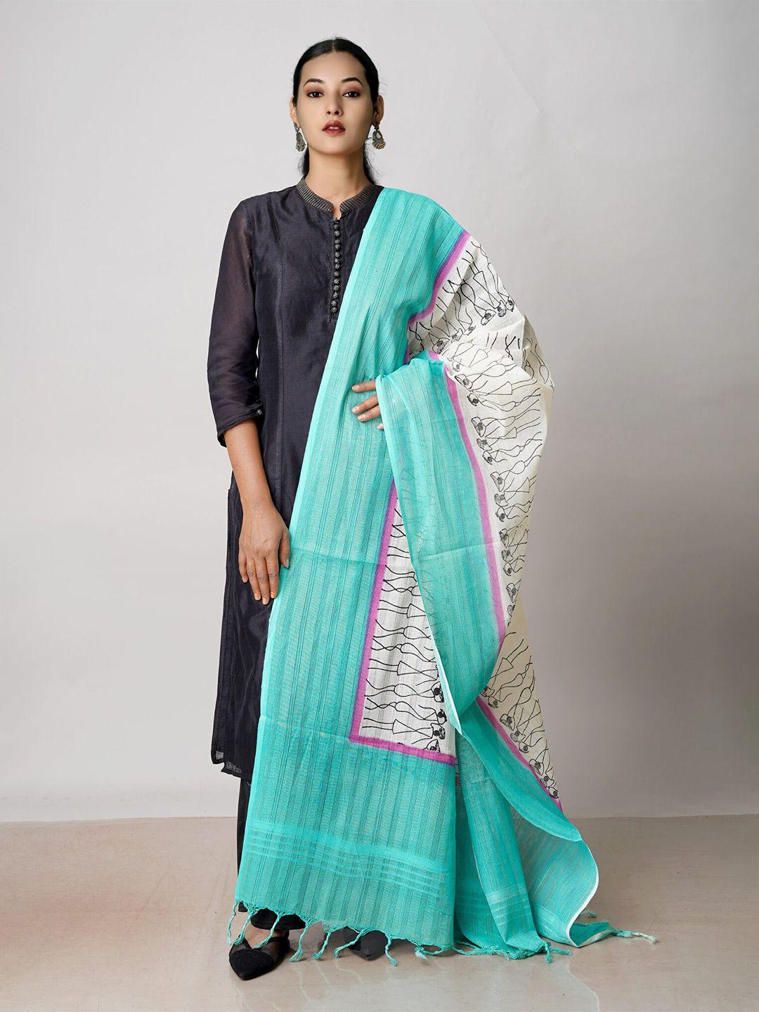 unnati silks cream-coloured & blue ethnic motifs printed pure cotton block print dupatta