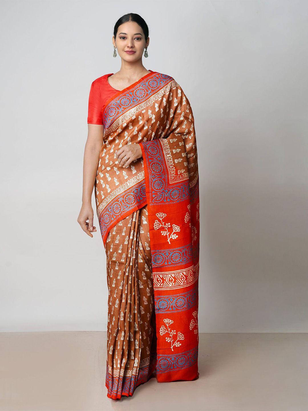 unnati silks ethnic motifs block printed pure silk mysore silk saree