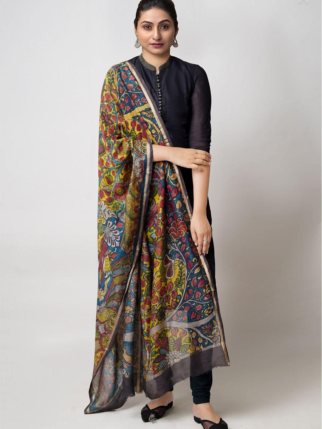 unnati silks floral printed cotton silk kalamkari dupatta with zari