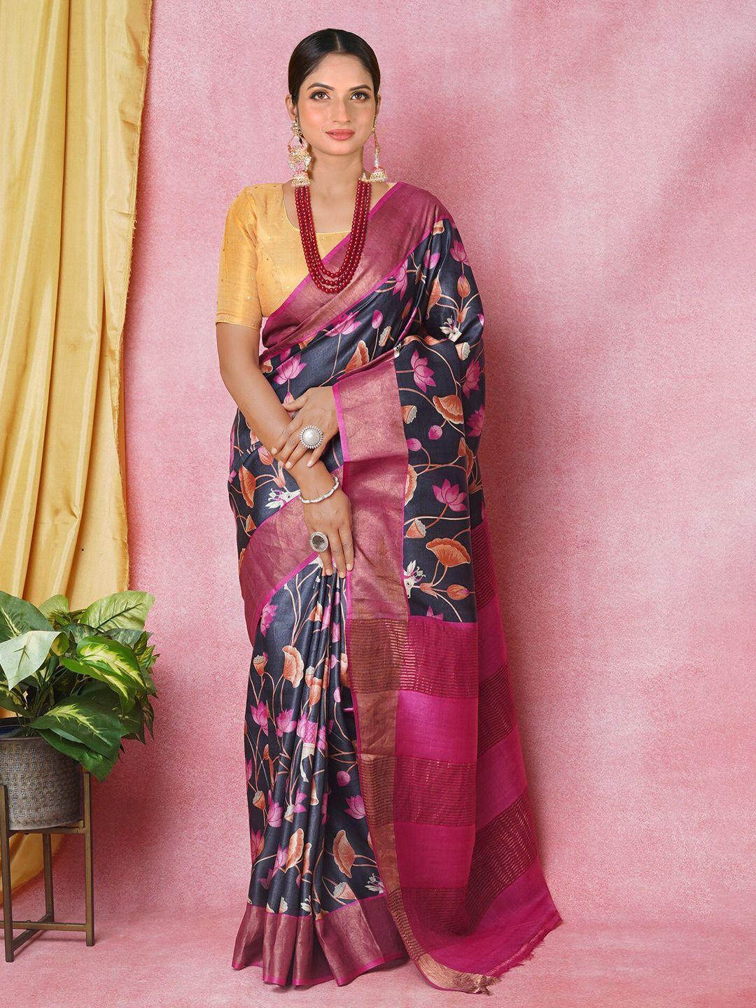 unnati silks floral printed zari pure silk tussar saree