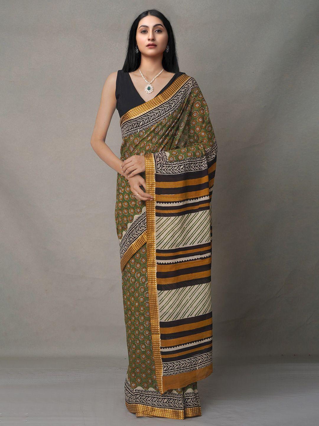 unnati silks green & black ethnic motifs zari pure cotton block print saree