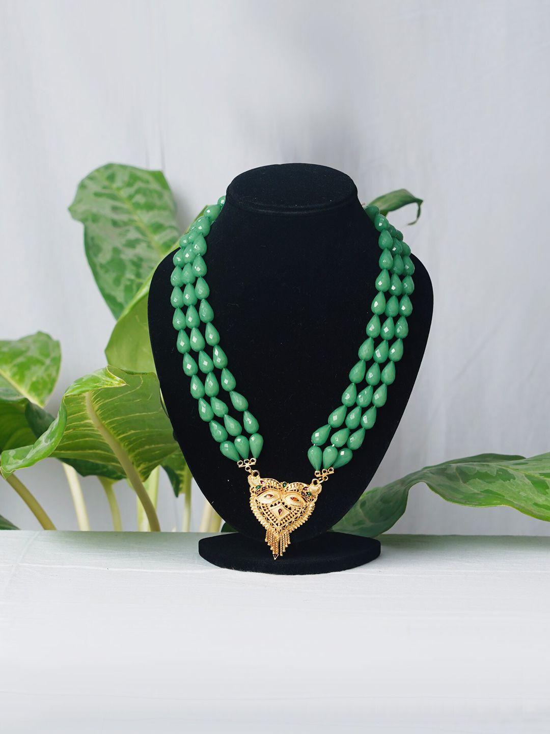 unnati silks green & gold-toned beaded layered necklace