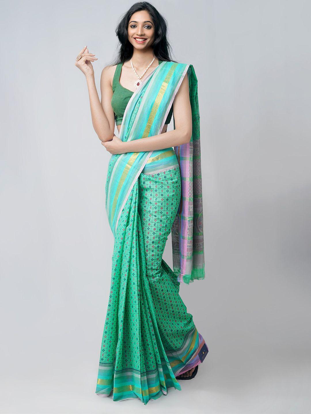 unnati silks green & pink ethnic motifs block printed pure cotton saree