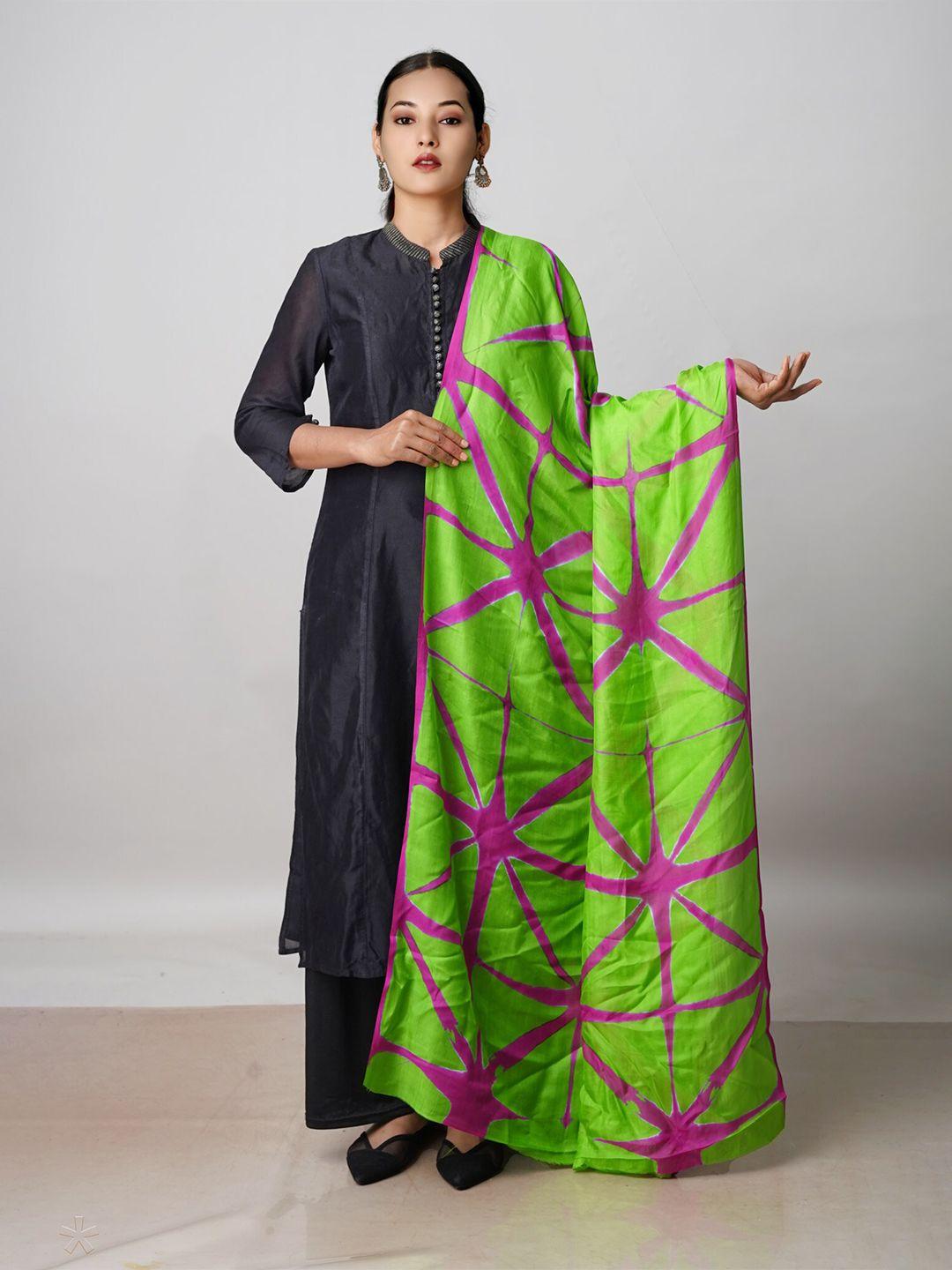 unnati silks green & pink printed pure silk tie and dye dupatta