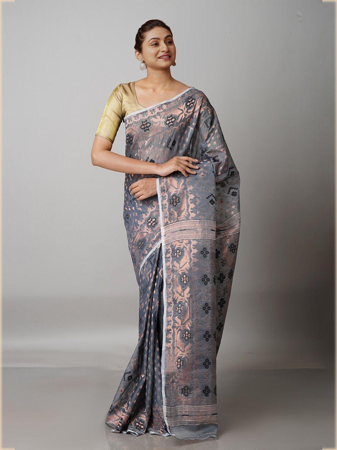unnati silks grey & copper-toned ethnic motifs zari pure cotton handloom jamdani saree