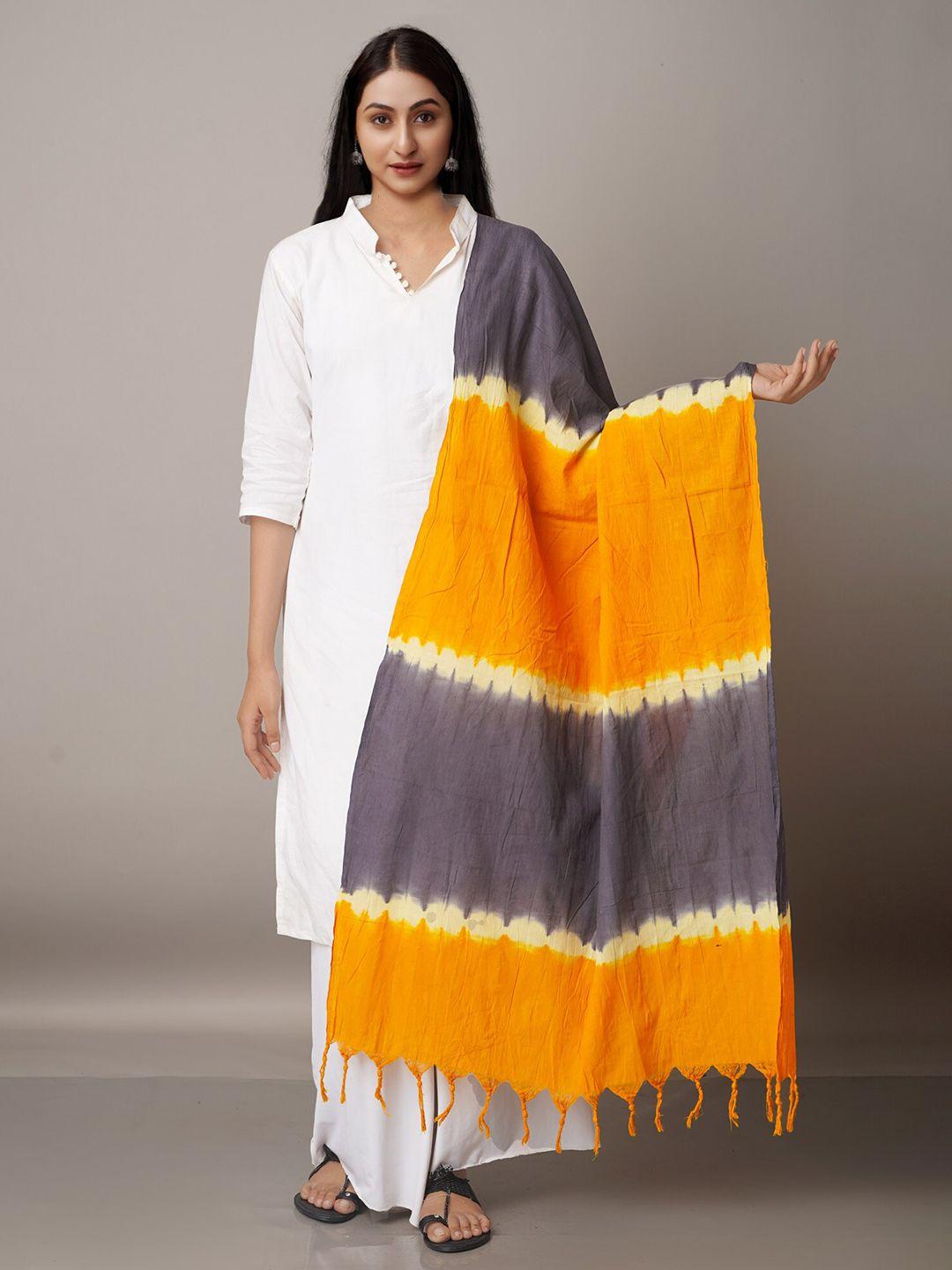 unnati silks grey & orange striped pure cotton shibori dupatta