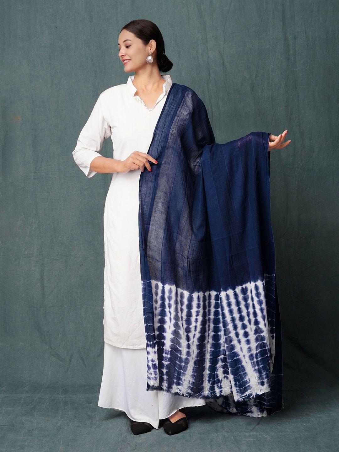 unnati silks navy blue & white printed pure cotton tie and dye dupatta