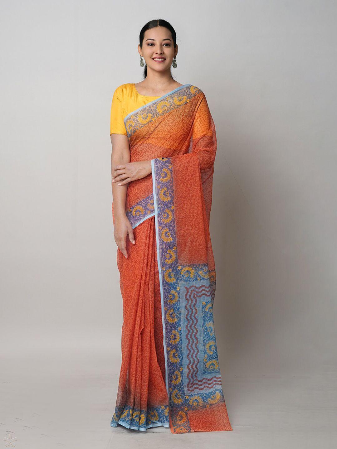 unnati silks orange ethnic motifs pure cotton handloom kota saree