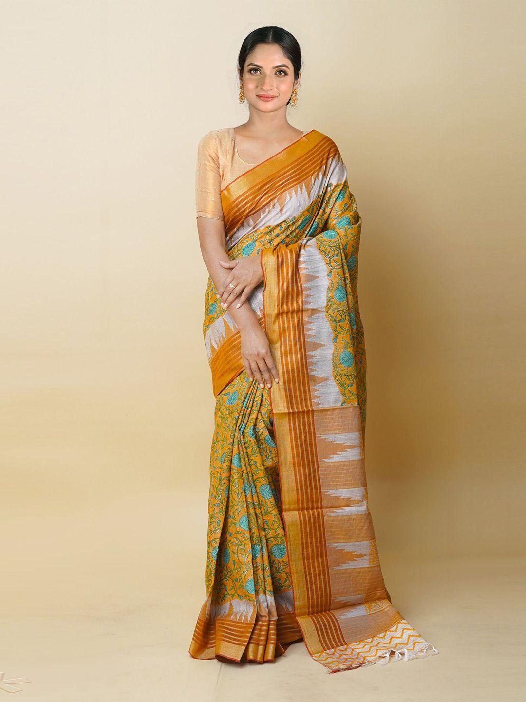 unnati silks orange ethnic motifs pure silk handloom tussar saree