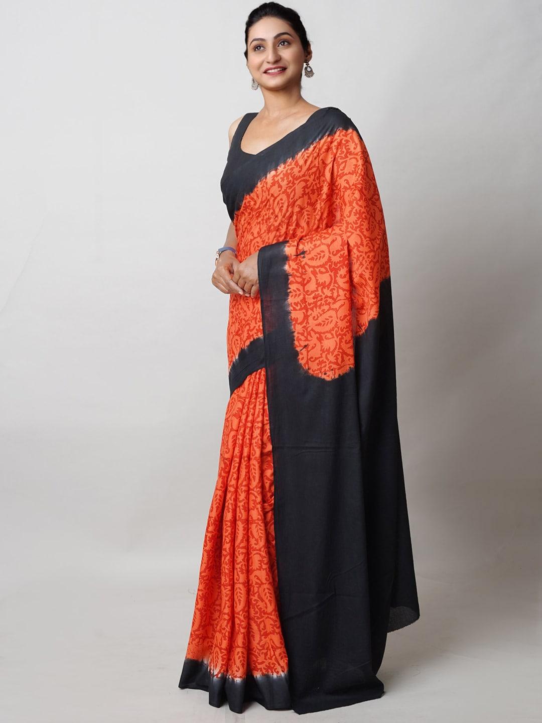 unnati silks paisley printed pure cotton block print saree