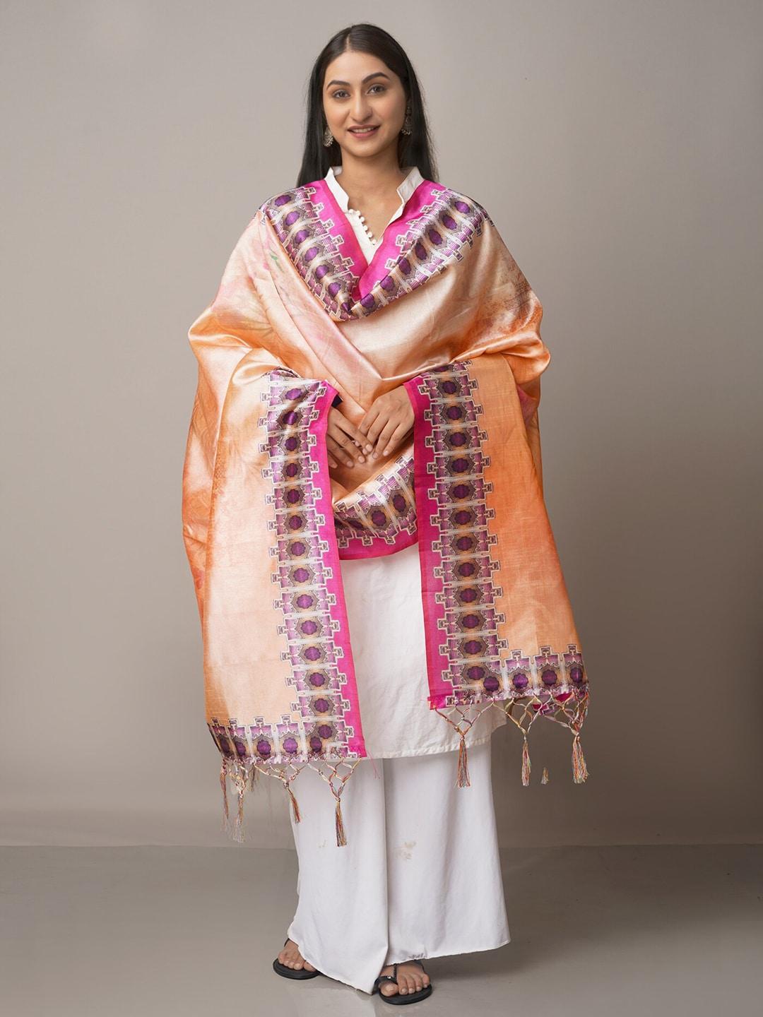 unnati silks peach-coloured & pink ethnic motifs printed block print dupatta