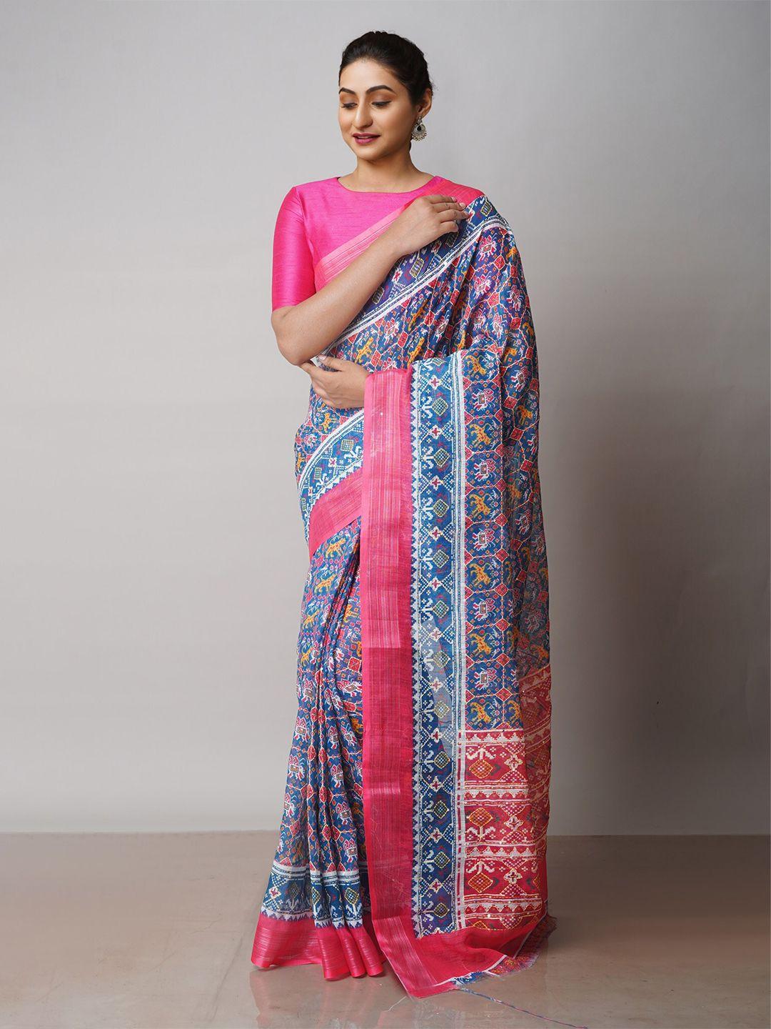 unnati silks pink & blue ethnic motifs zari linen blend jamdani saree