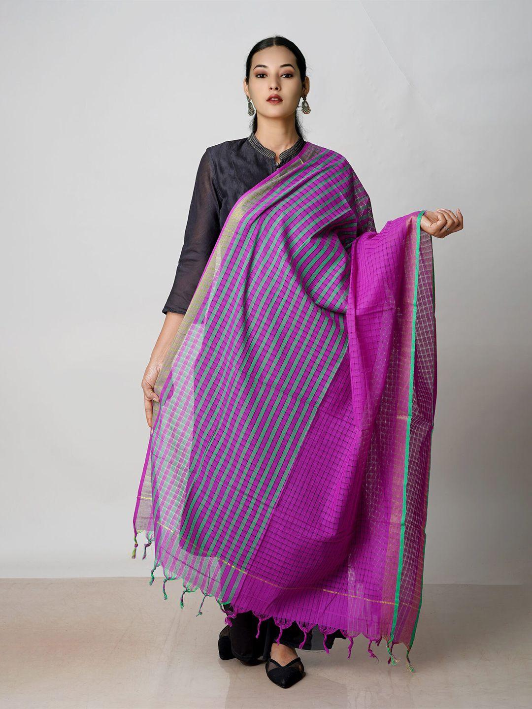 unnati silks purple & gold-toned striped pure cotton dupatta