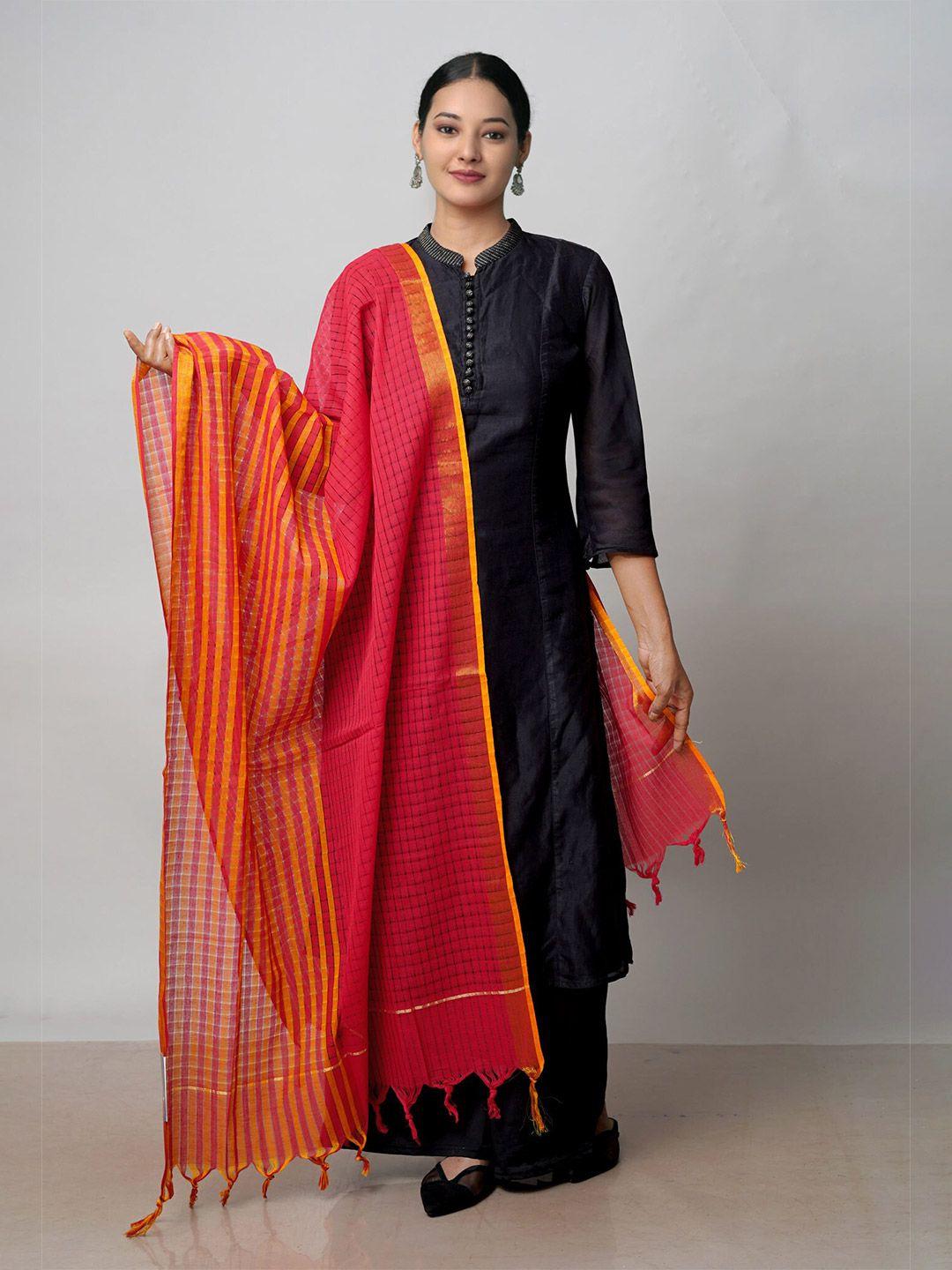 unnati silks red & orange striped pure cotton dupatta