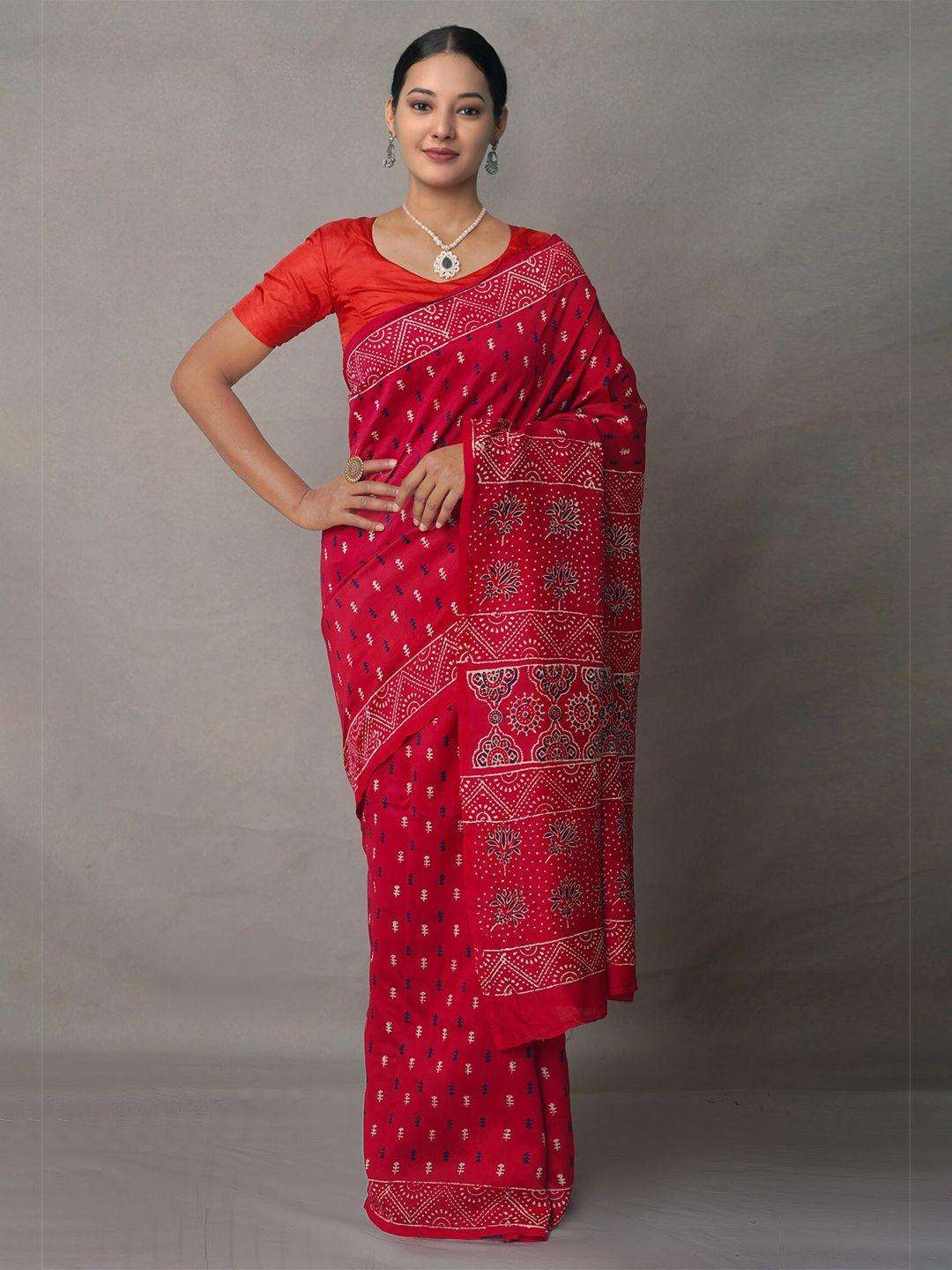unnati silks red & white ethnic motifs silk cotton chanderi saree