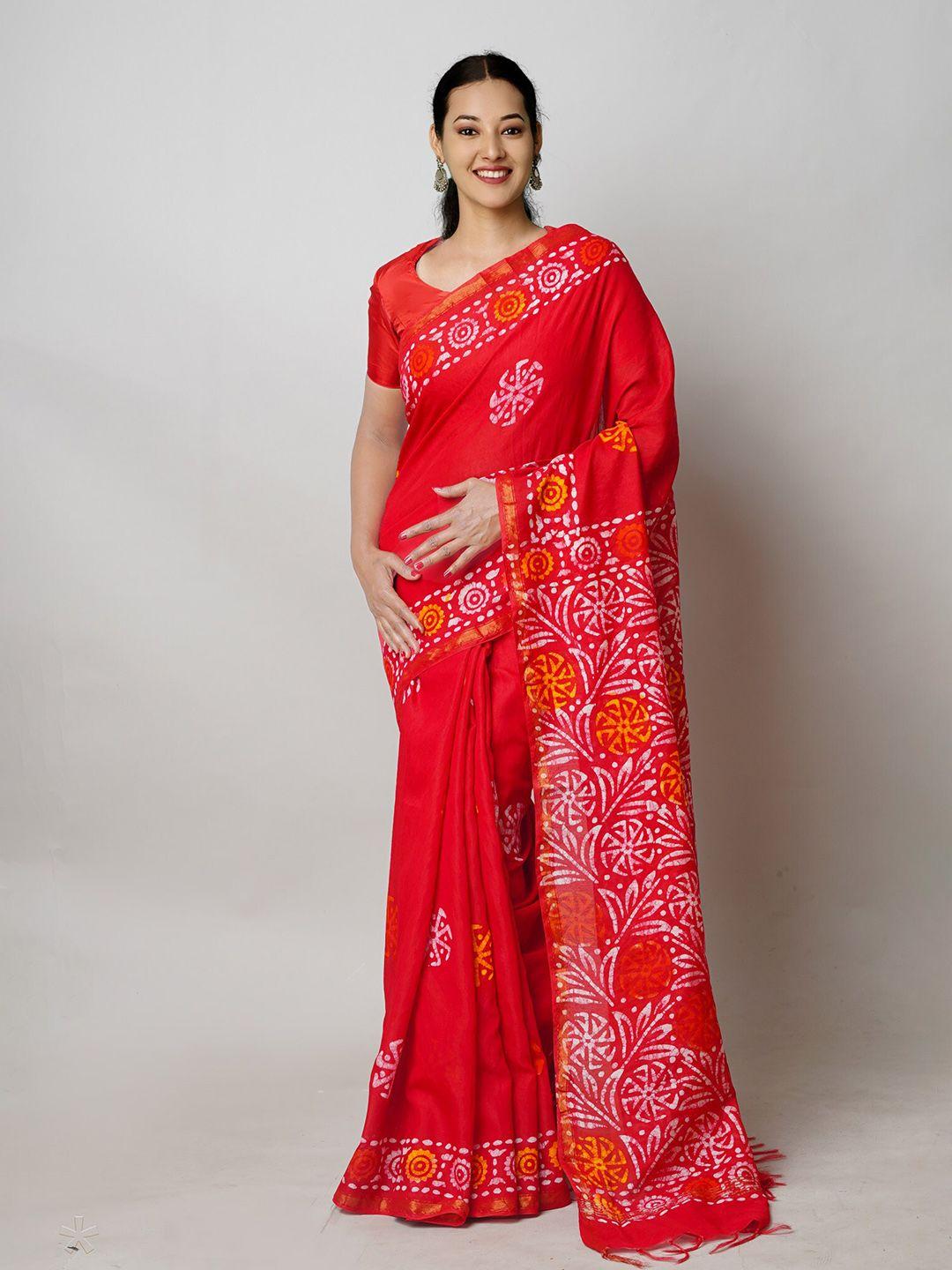 unnati silks red batik silk cotton chanderi saree