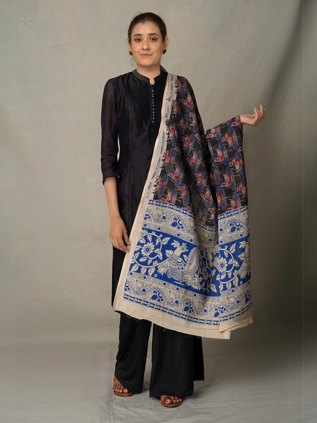 unnati silks women black & white printed pure cotton kalamkari dupatta