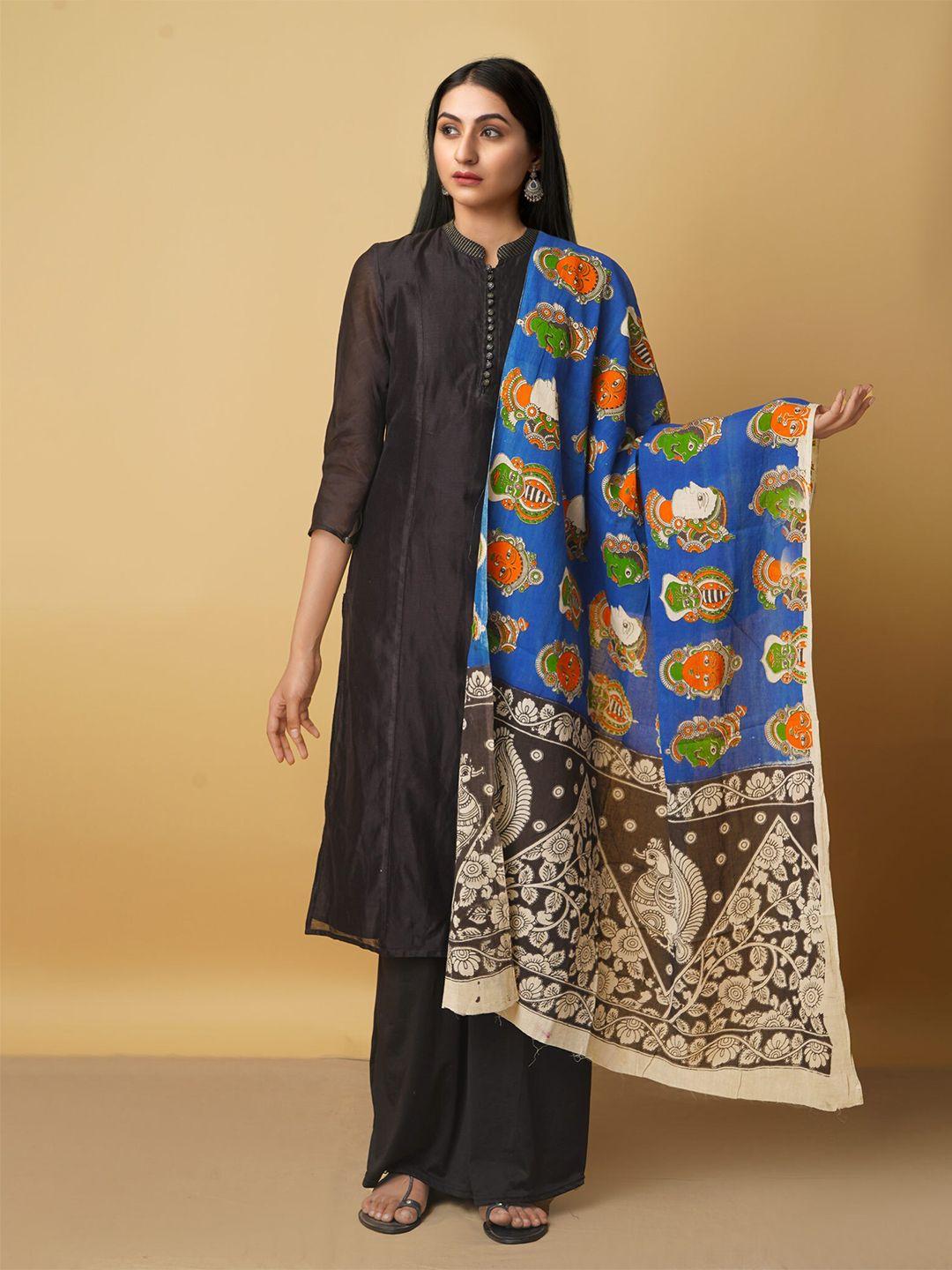 unnati silks women blue & black ethnic motifs printed pure cotton kalamkari dupatta