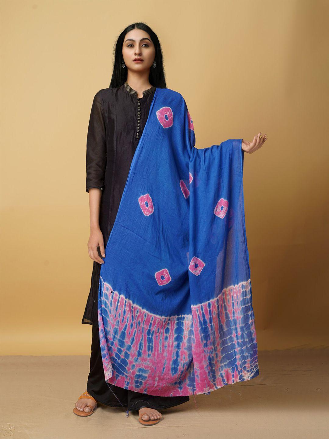 unnati silks women blue & pink ethnic motifs dyed pure cotton shibori dupatta