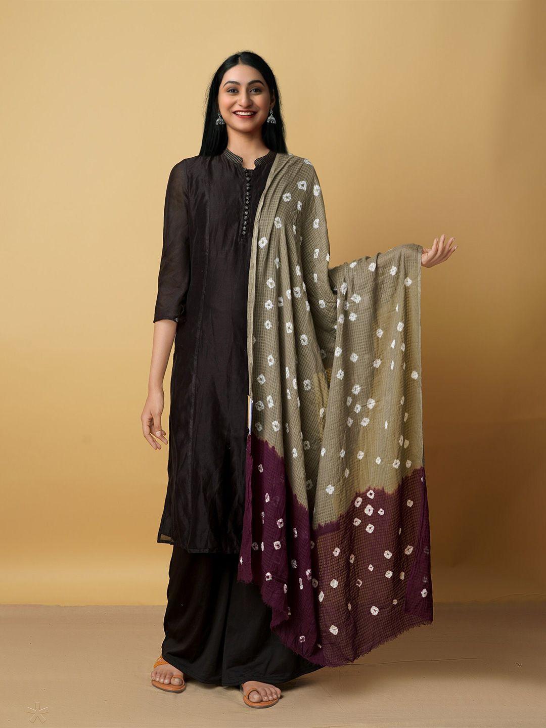 unnati silks women olive & purple printed pure cotton shibori dupatta