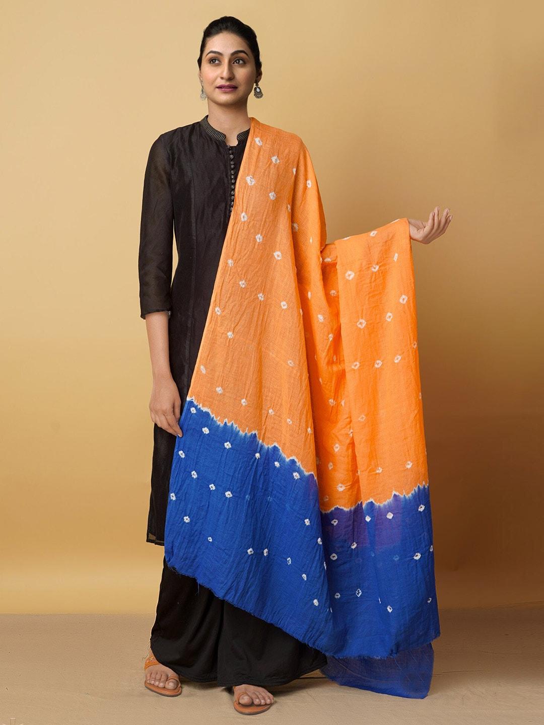 unnati silks women orange & blue printed pure cotton shibori dupatta