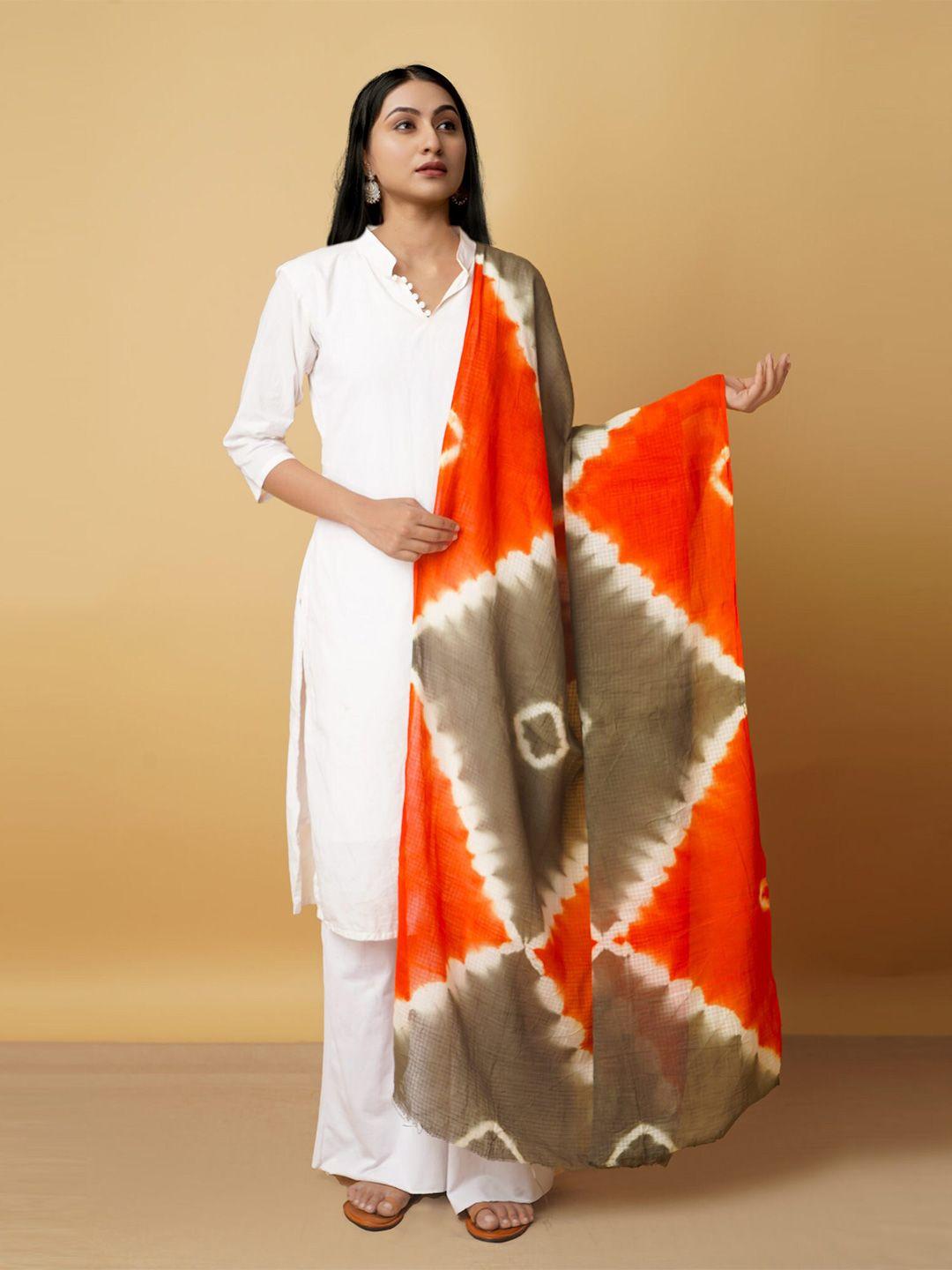 unnati silks women orange & grey shibori pure cotton tie and dye dupatta