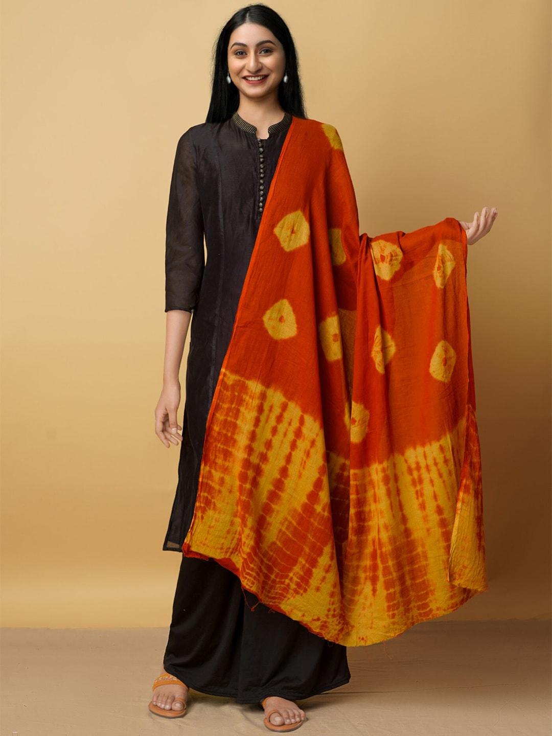 unnati silks women orange & yellow printed pure cotton shibori dupatta
