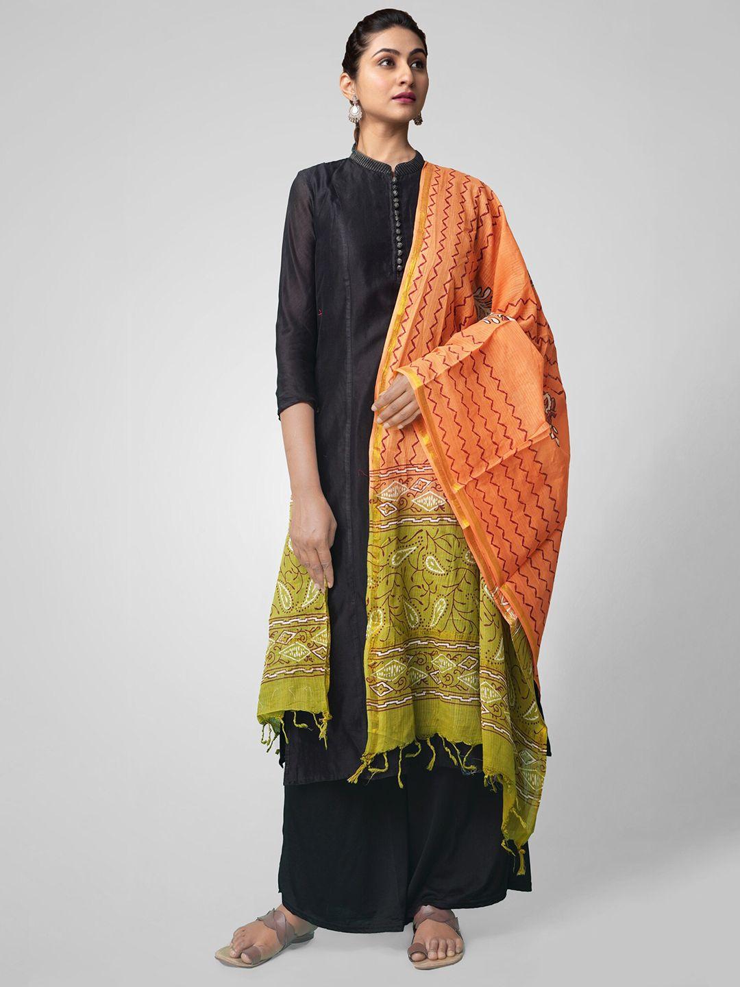 unnati silks women orange printed chanderi cotton dupatta