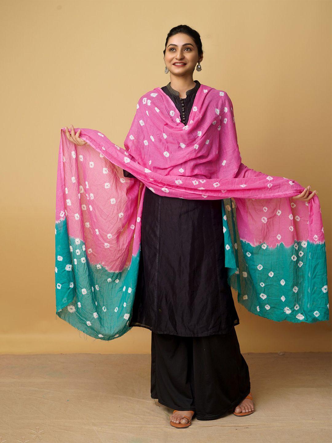 unnati silks women pink & blue printed pure cotton shibori dupatta