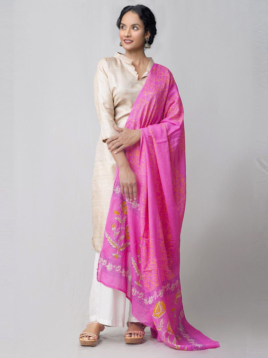 unnati silks women pink block printed pure georgette dupatta