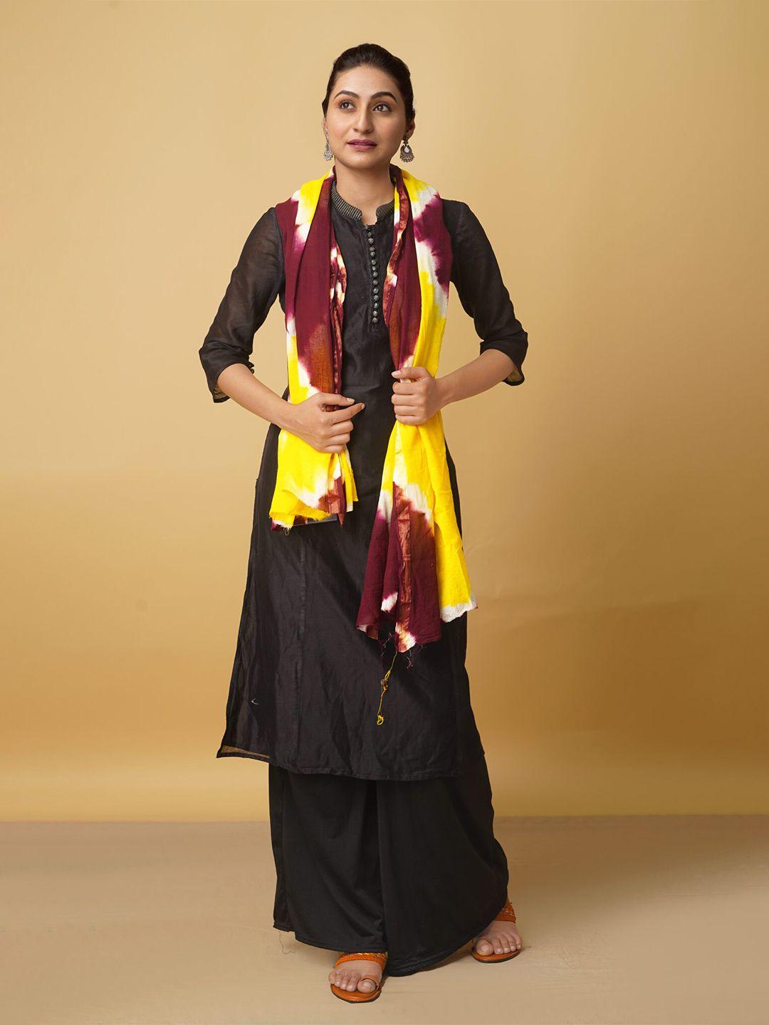 unnati silks women yellow & burgundy printed pure cotton shibori dupatta