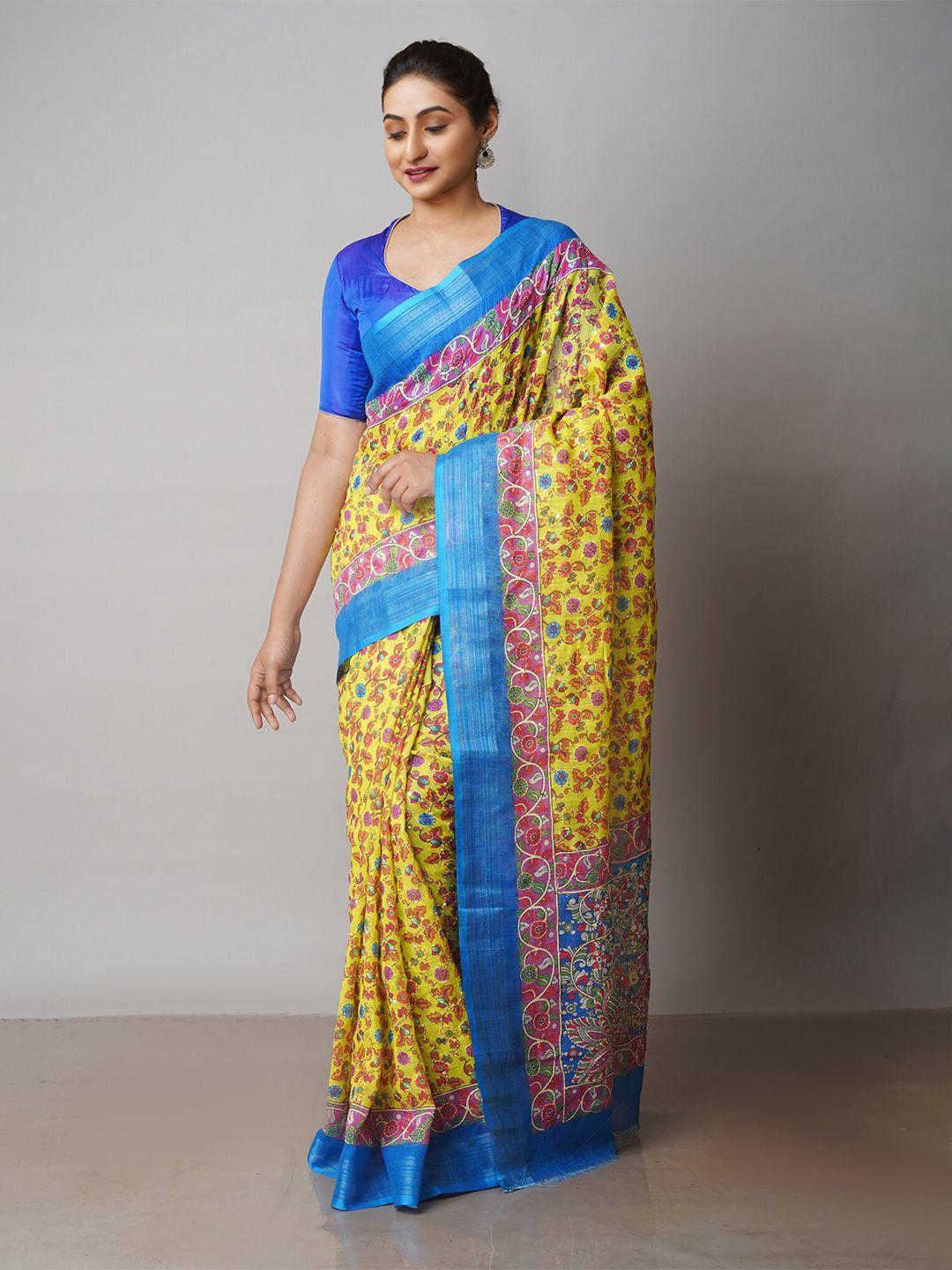 unnati silks yellow & blue kalamkari zari linen blend jamdani saree