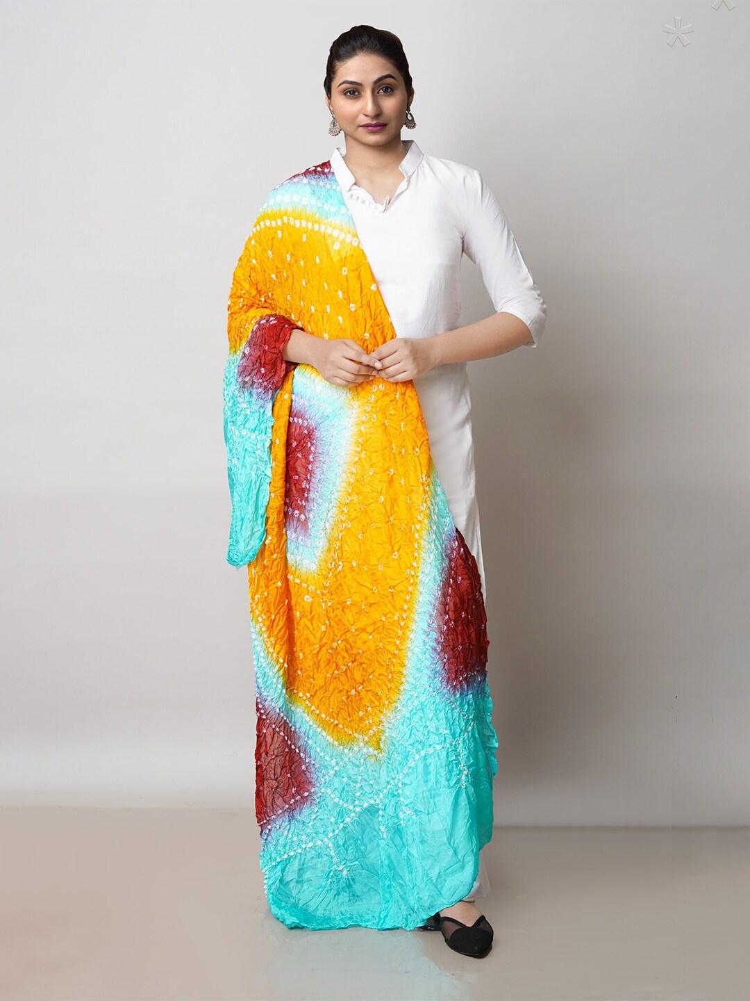 unnati silks yellow & blue printed bandhani dupatta