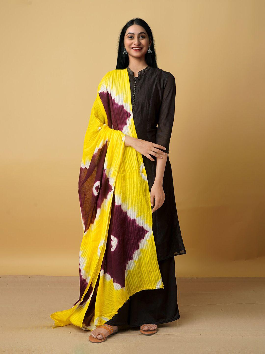 unnati silks yellow & maroon pure cotton shibori dupatta