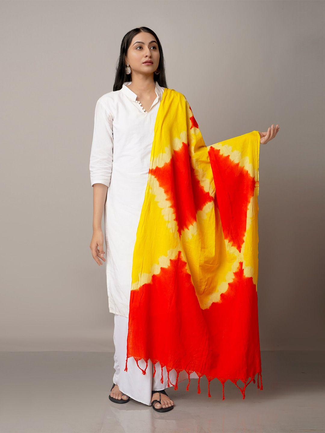 unnati silks yellow & orange printed pure cotton tie and dye dupatta