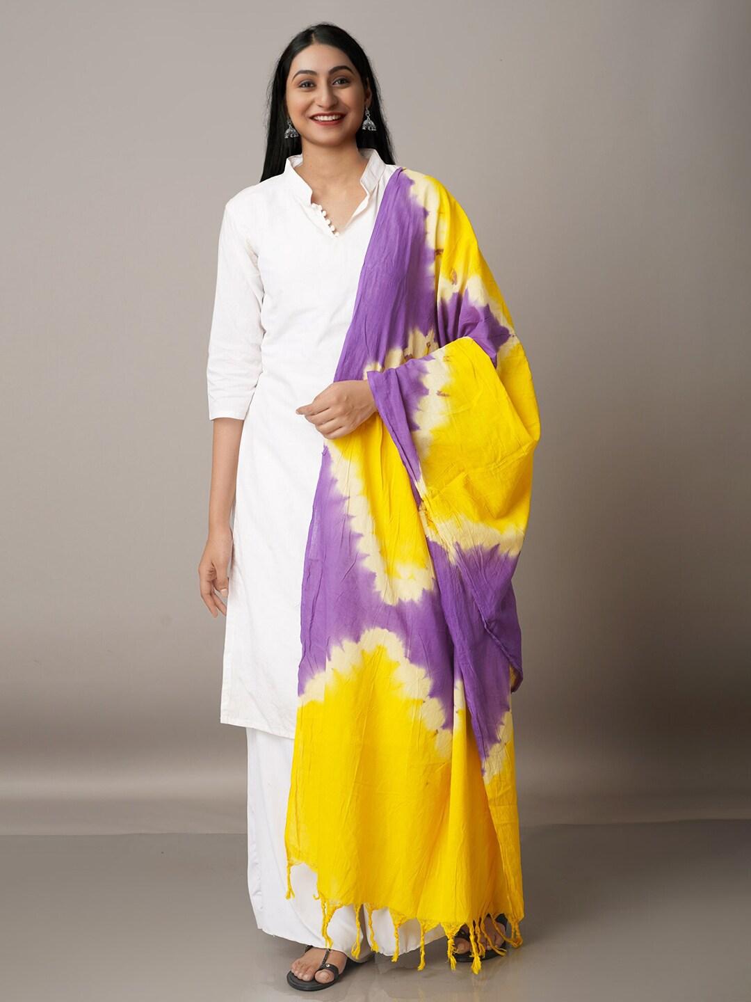 unnati silks yellow & purple printed pure cotton tie and dye dupatta