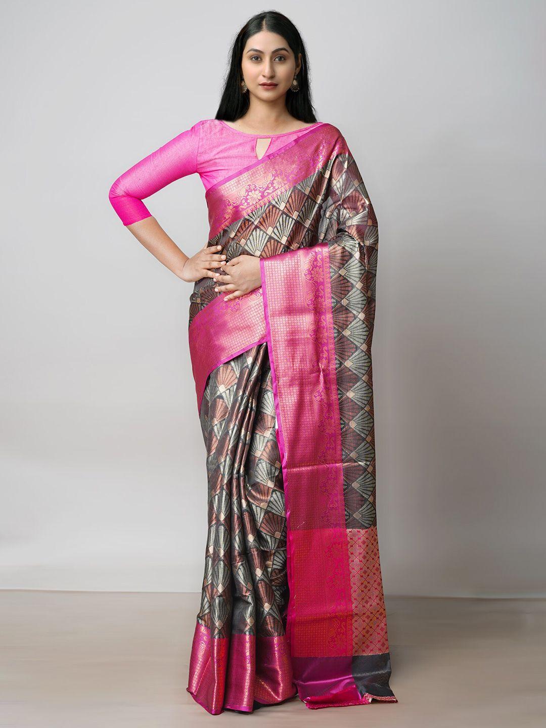 unnati silks black & pink ethnic motifs zari silk cotton banarasi saree