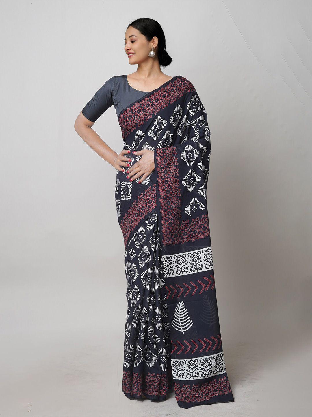 unnati silks black ethnic motifs pure cotton handloom block print saree
