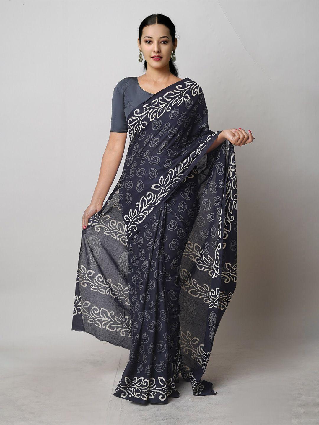 unnati silks black ethnic motifs pure cotton handloom block print saree