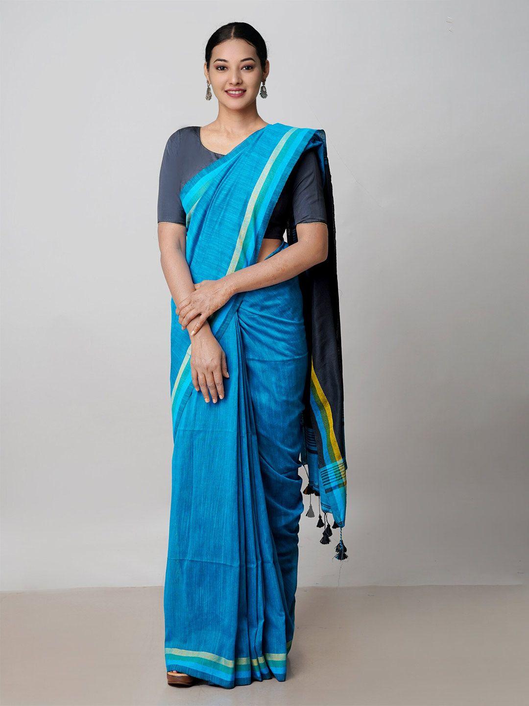unnati silks blue & black pure linen handloom jamdani saree