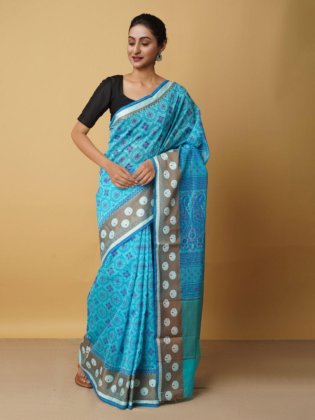 unnati silks blue & brown ethnic motifs silk cotton baluchari saree