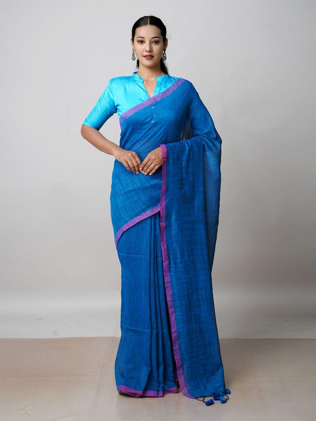 unnati silks blue & pink pure linen jamdani saree