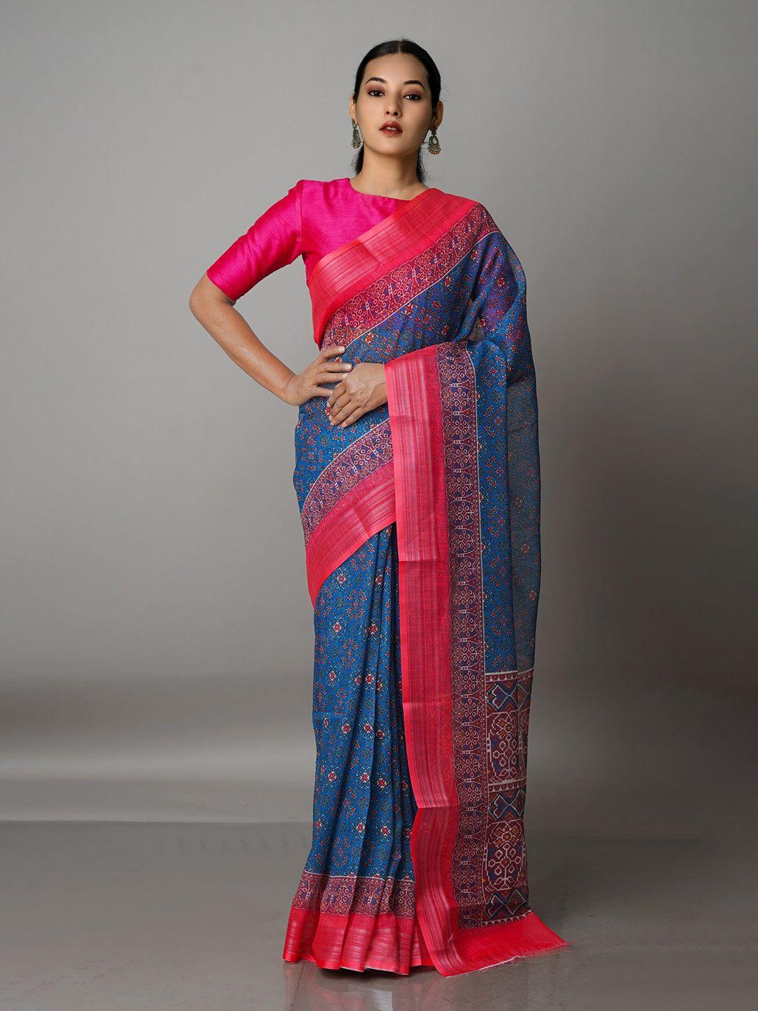 unnati silks blue & red ethnic motifs  jamdani saree