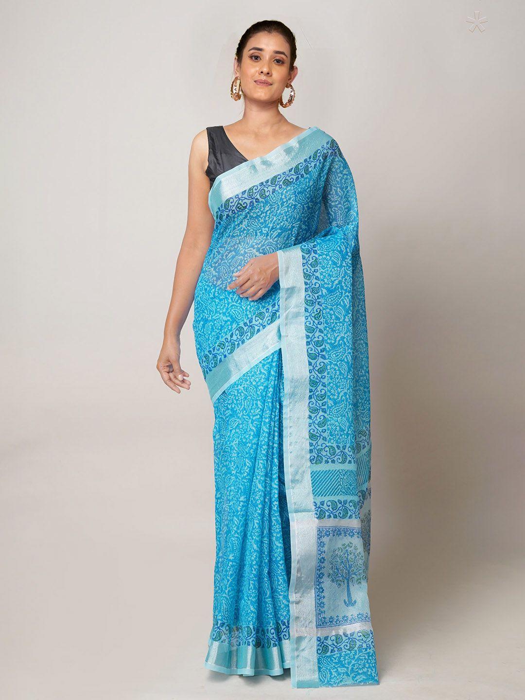 unnati silks blue & silver-toned ethnic motifs zari pure cotton handloom kota saree